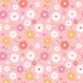 70Ã¢â¬â¢s cute seamless repeat daisy pattern with flowers. Floral hippie vector background.
